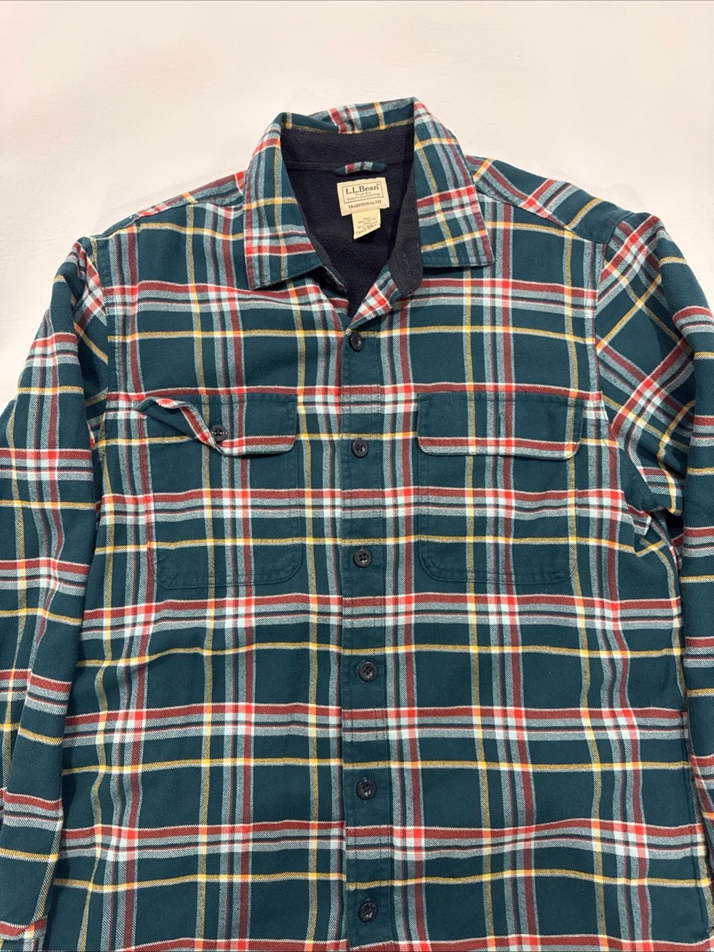 L.L. Bean Dark Green Plaid Shirt Jacket with Red & Yellow Trim